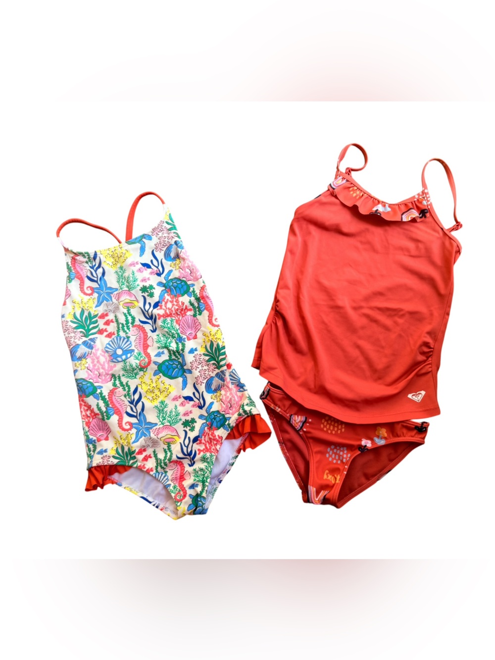 Girls' Two-Piece CoralRed Tankini & Multicolor One-Piece Swimsuit